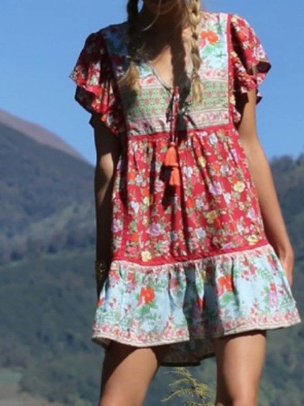 Tulle & Batiste Miriam Mini Dress Rococo Red Patchwork Floral Ruffle Midi M